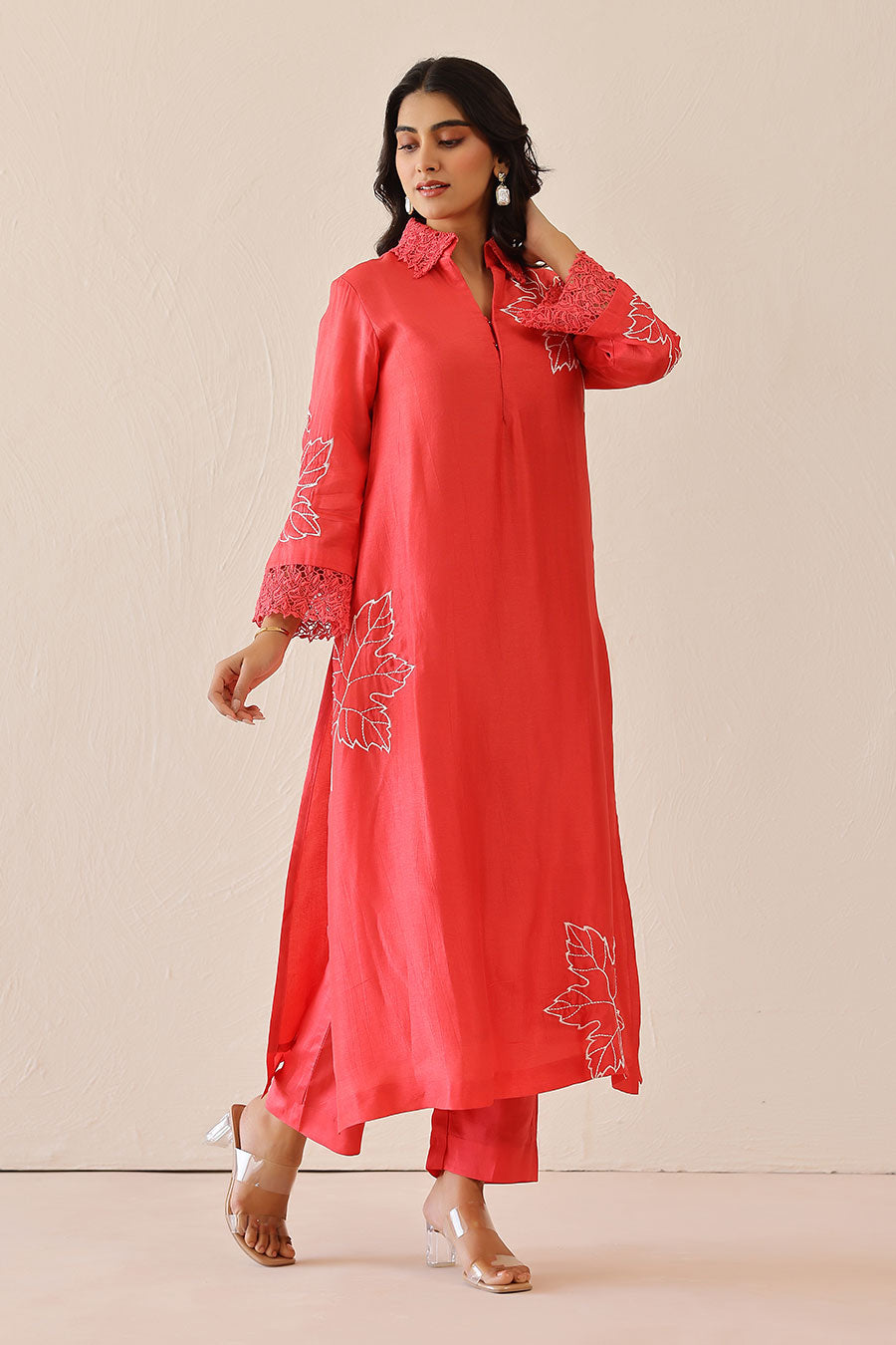 Coral Pink Embroidered Tunic & Pant Set