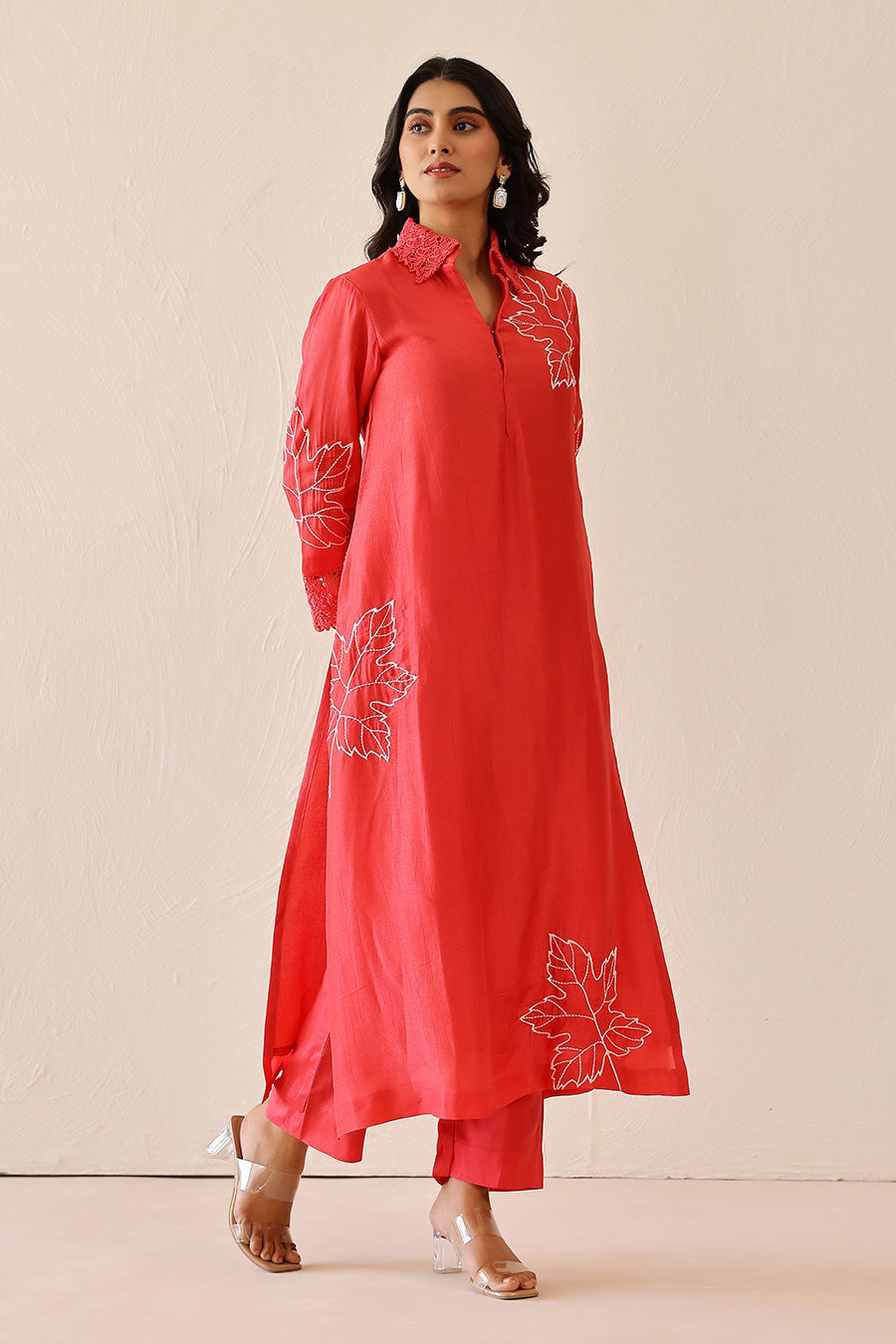 Coral Pink Embroidered Tunic & Pant Set