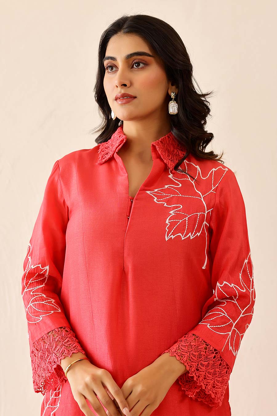 Coral Pink Embroidered Tunic & Pant Set