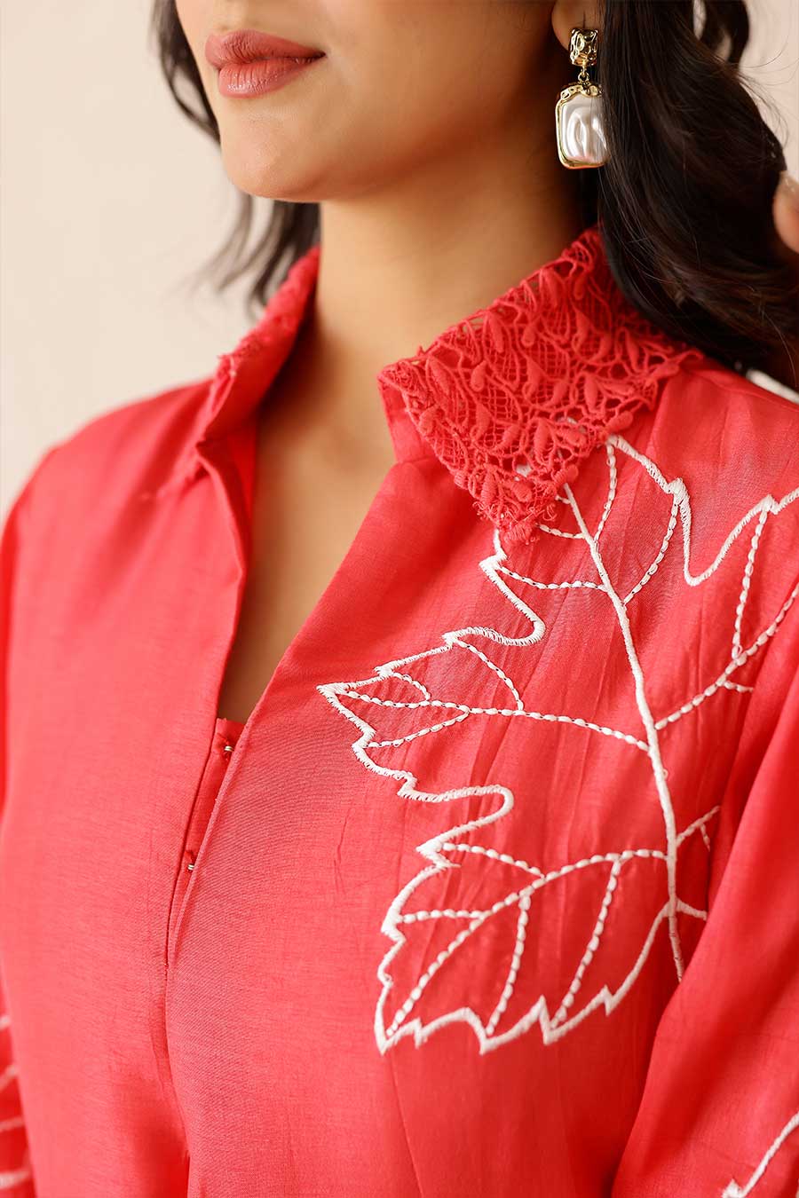 Coral Pink Embroidered Tunic & Pant Set