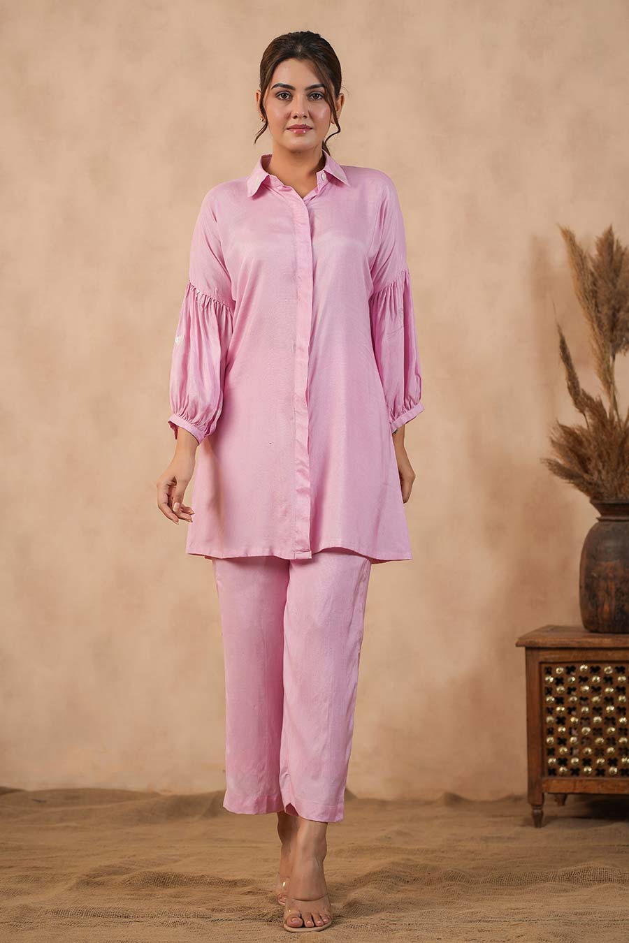 Pink Long Shirt & Pant Co-Ord Set
