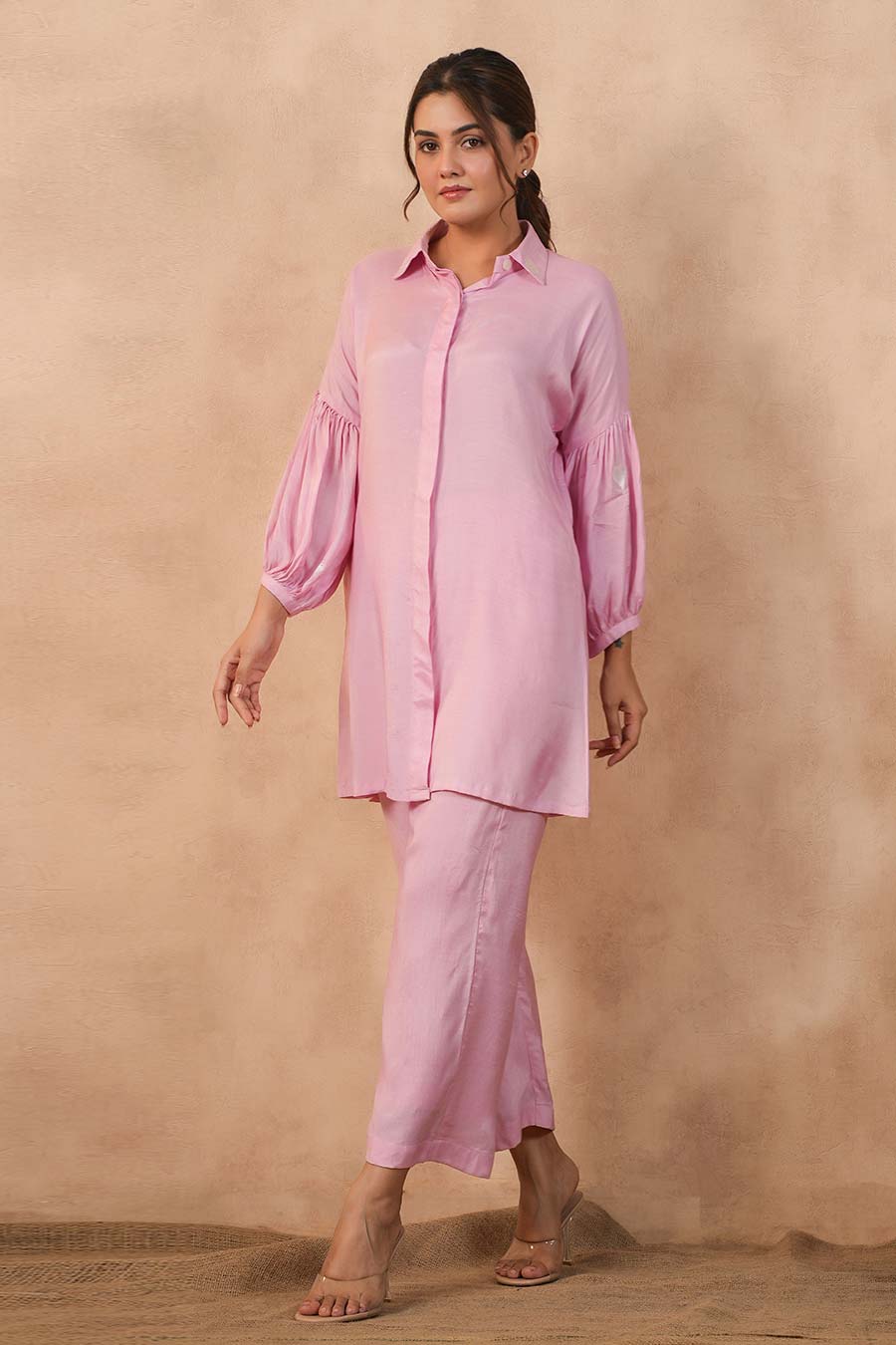 Pink Long Shirt & Pant Co-Ord Set