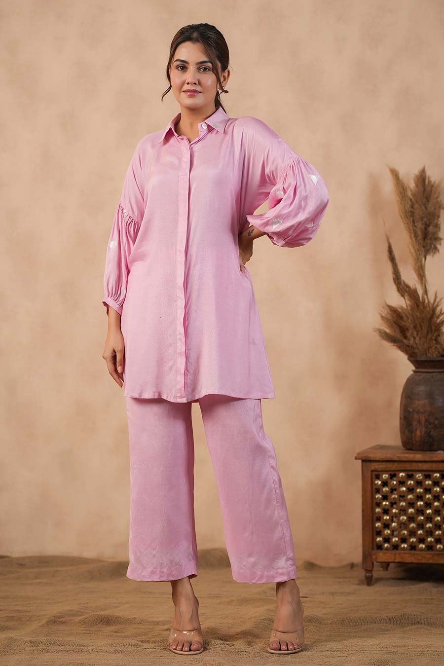 Pink Long Shirt & Pant Co-Ord Set