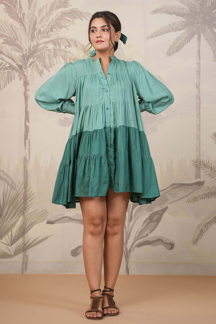 Green Two-Tone Tiered Shirt Dress