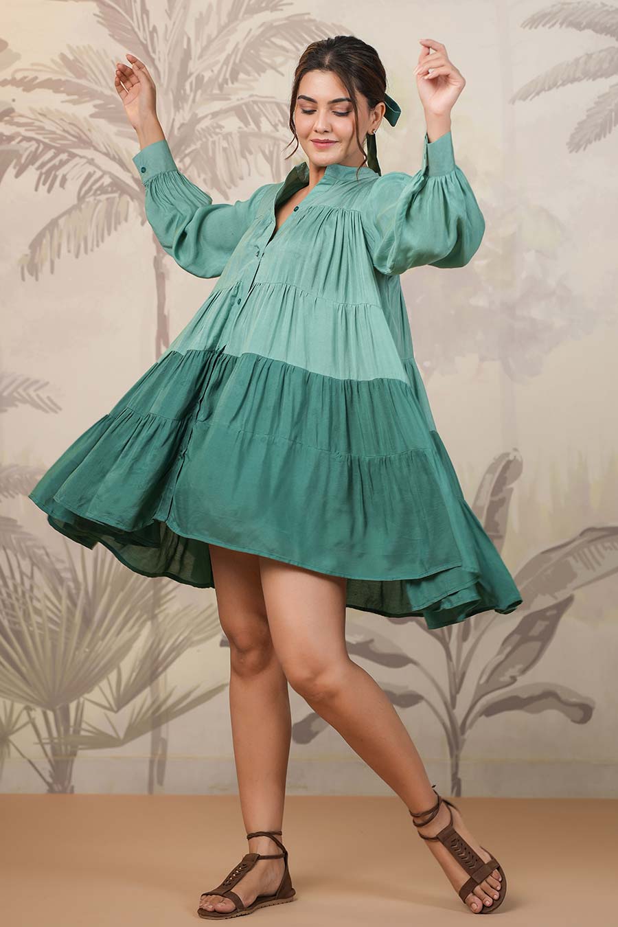 Green Two-Tone Tiered Shirt Dress