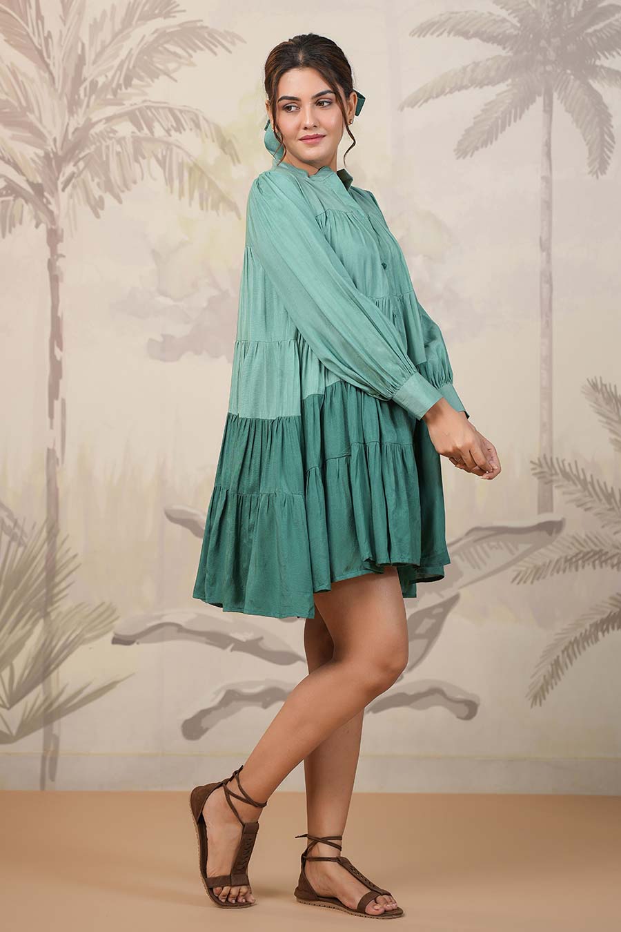 Green Two-Tone Tiered Shirt Dress