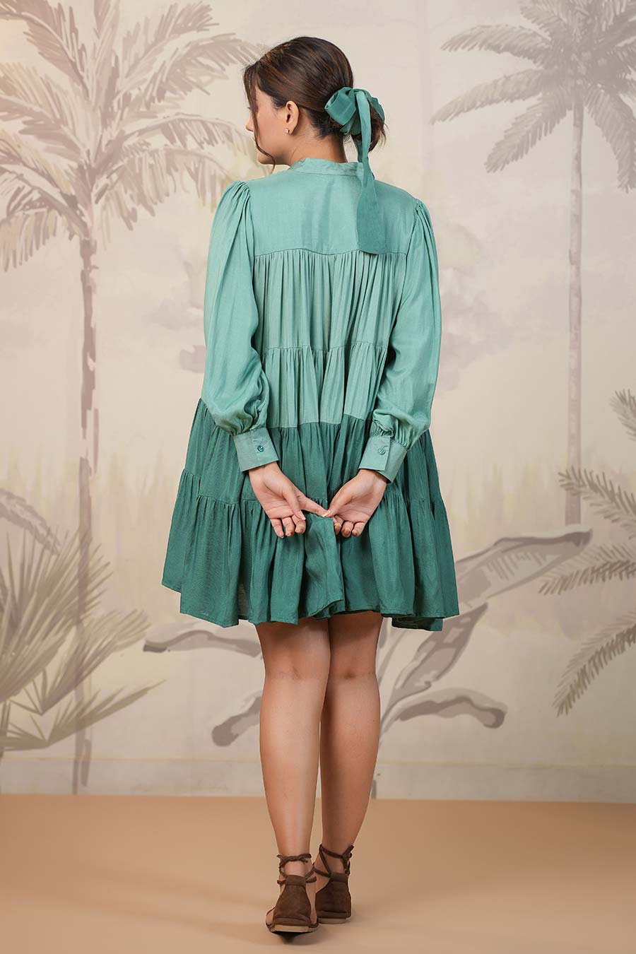 Green Two-Tone Tiered Shirt Dress