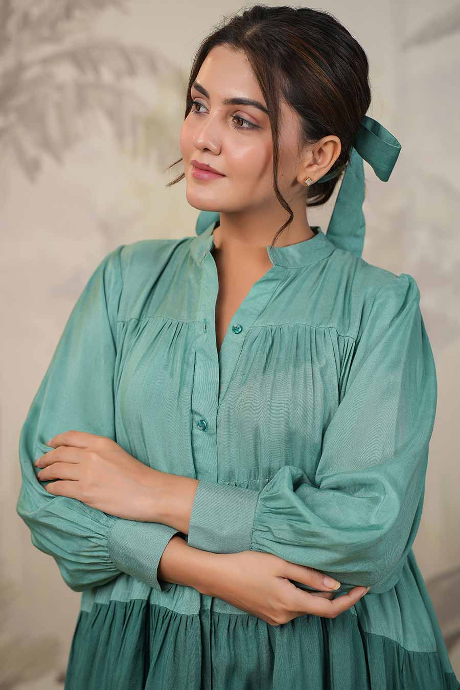 Green Two-Tone Tiered Shirt Dress