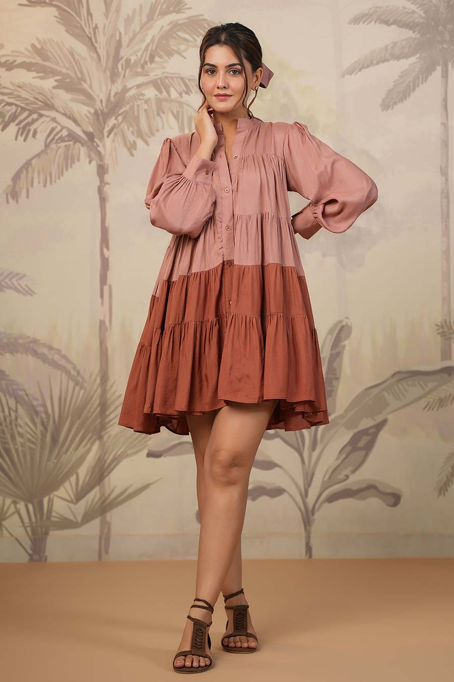 Rose Pink Two-Tone Tiered Shirt Dress