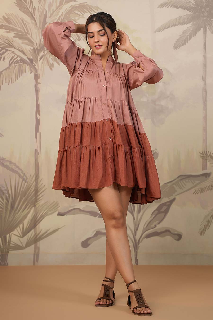 Rose Pink Two-Tone Tiered Shirt Dress