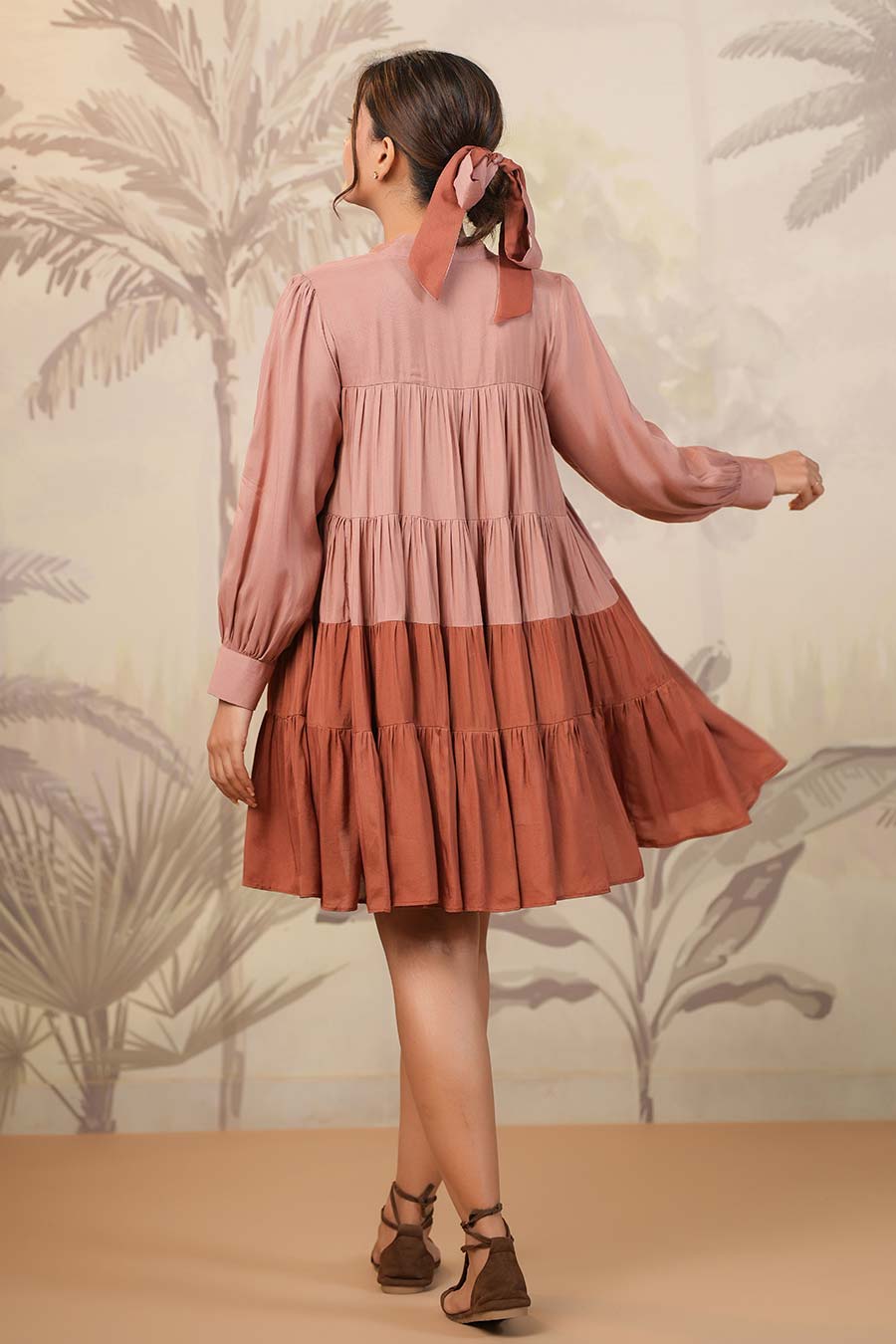 Rose Pink Two-Tone Tiered Shirt Dress