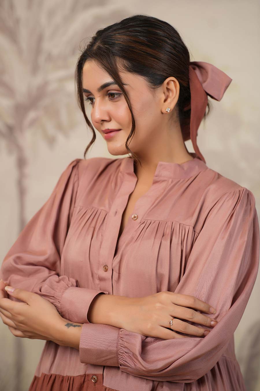 Rose Pink Two-Tone Tiered Shirt Dress