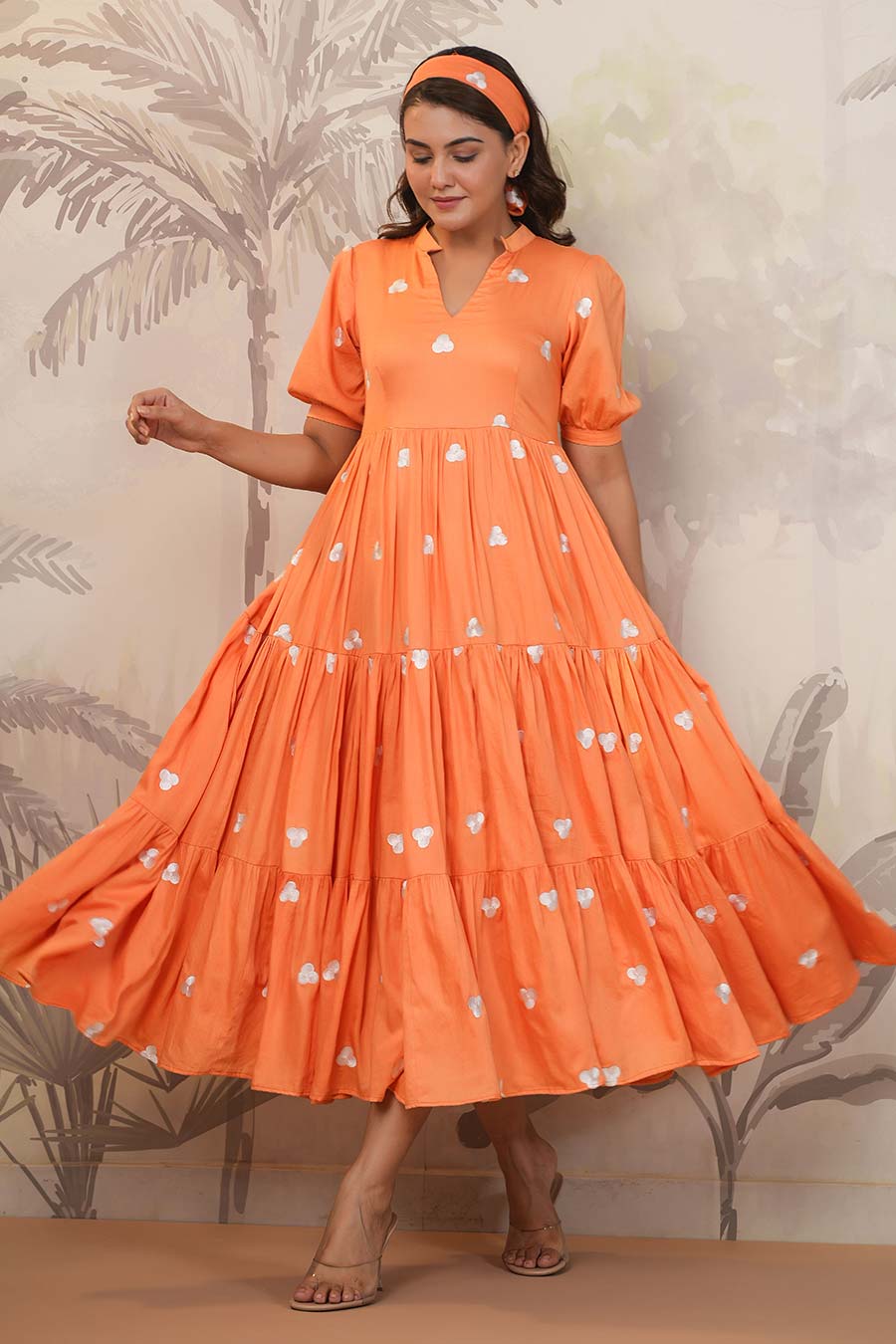 Orange Embroidered Tiered Dress