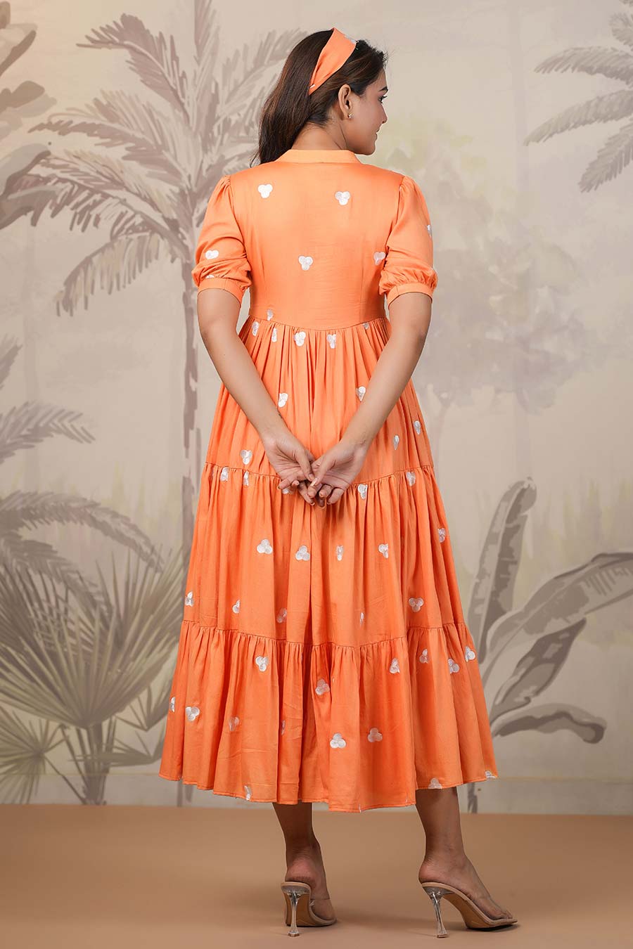 Orange Embroidered Tiered Dress