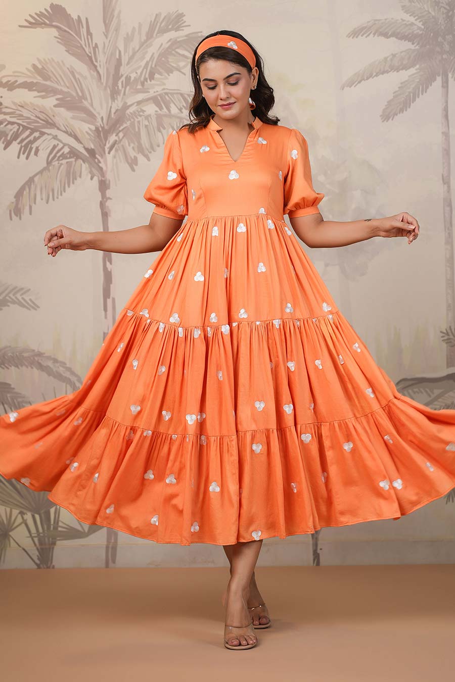 Orange Embroidered Tiered Dress