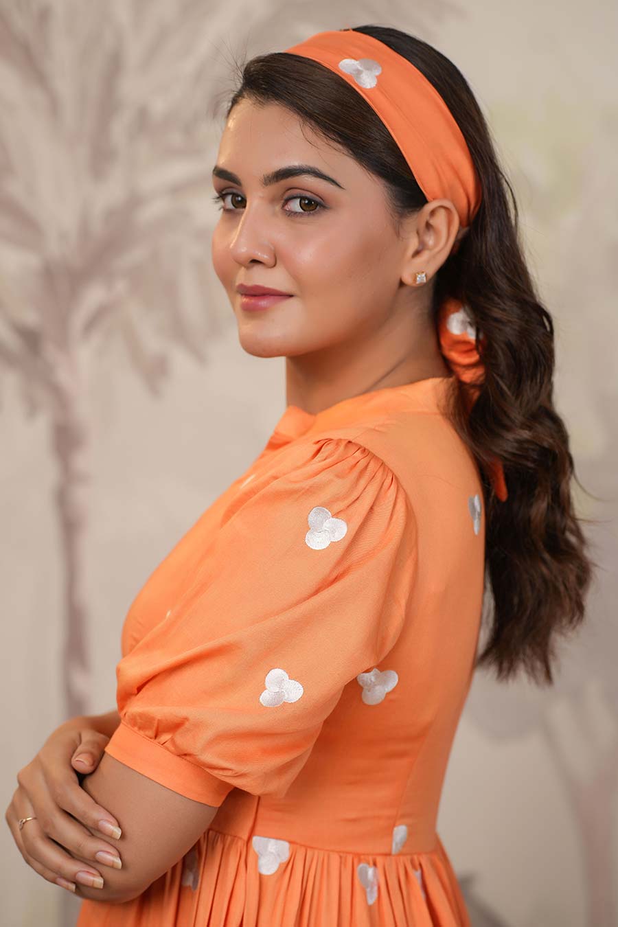 Orange Embroidered Tiered Dress