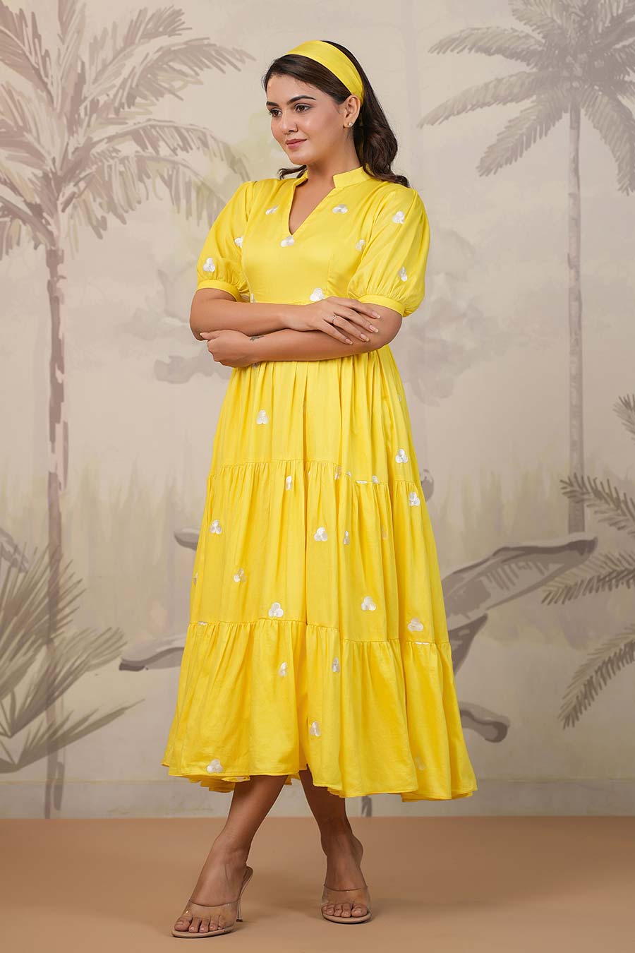 Yellow Embroidered Tiered Dress