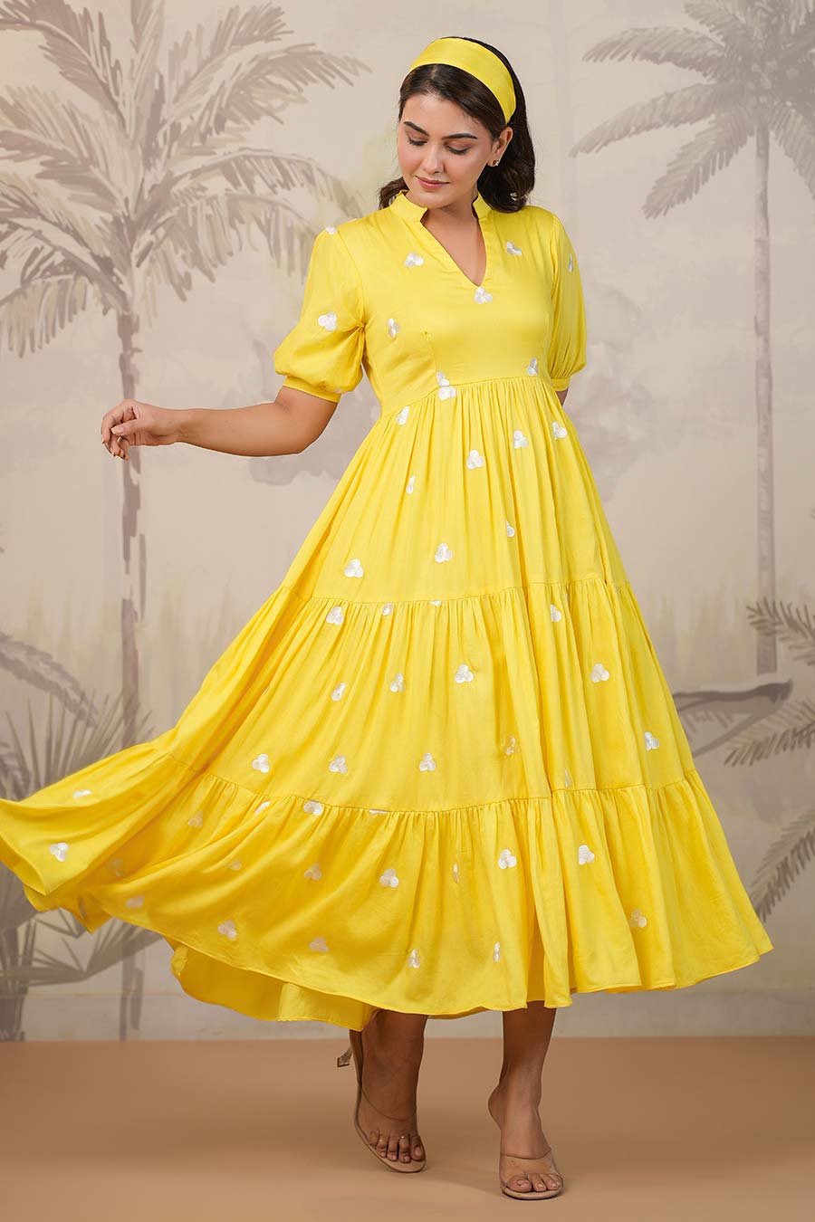 Yellow Embroidered Tiered Dress