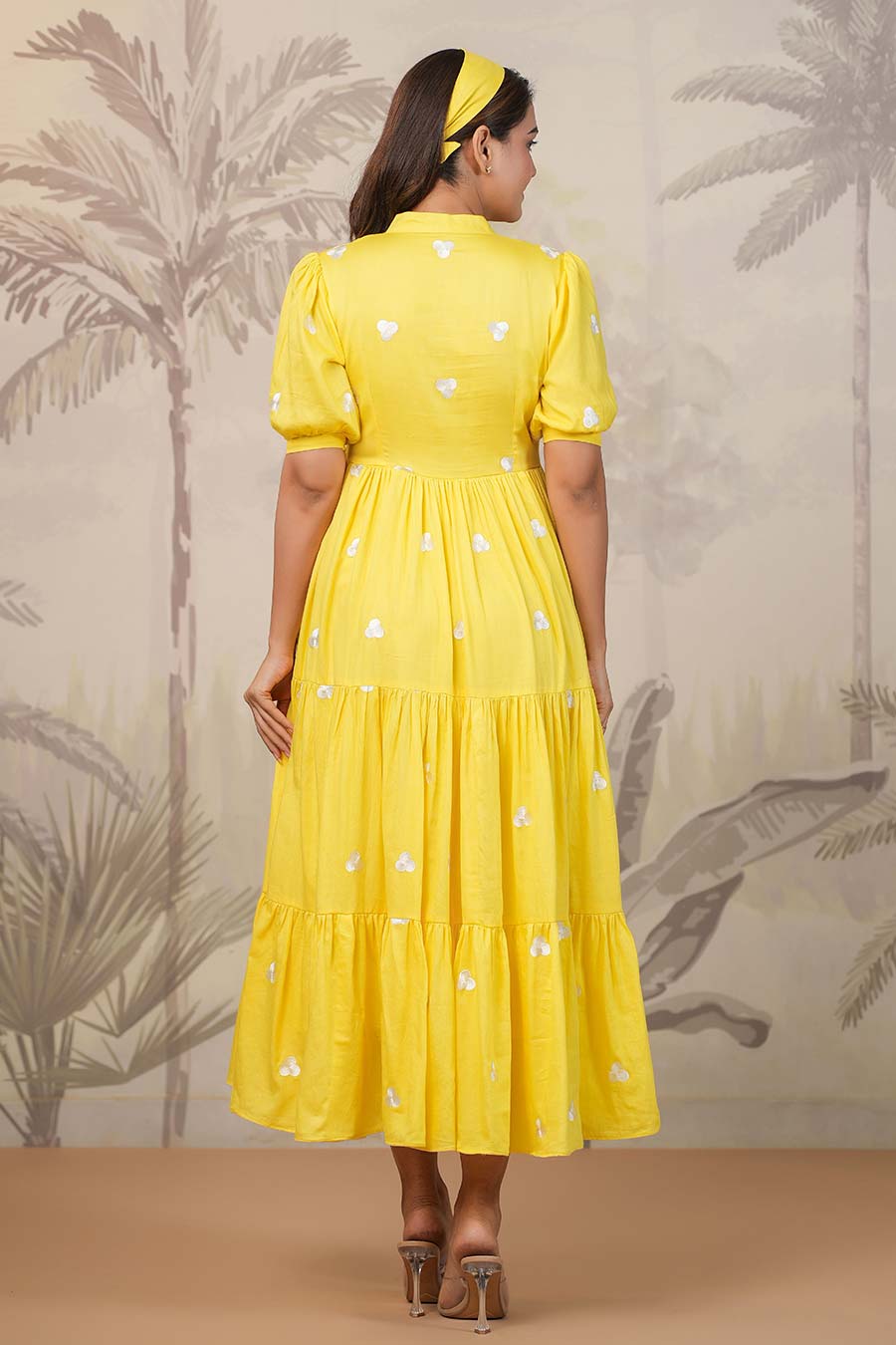 Yellow Embroidered Tiered Dress