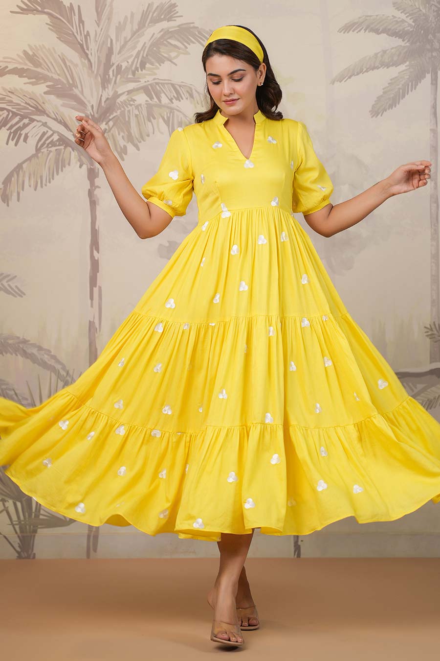 Yellow Embroidered Tiered Dress