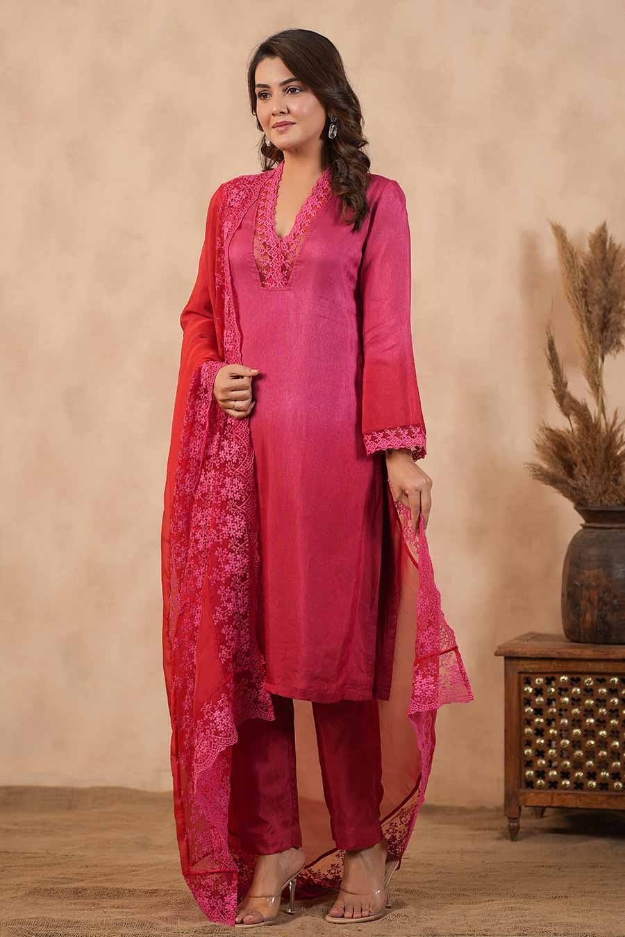 Red Embellished Ombre Kurta Set