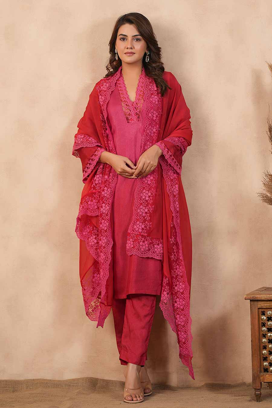 Red Embellished Ombre Kurta Set