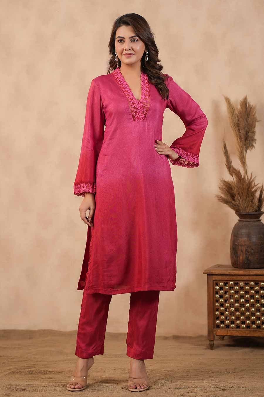 Red Embellished Ombre Kurta Set