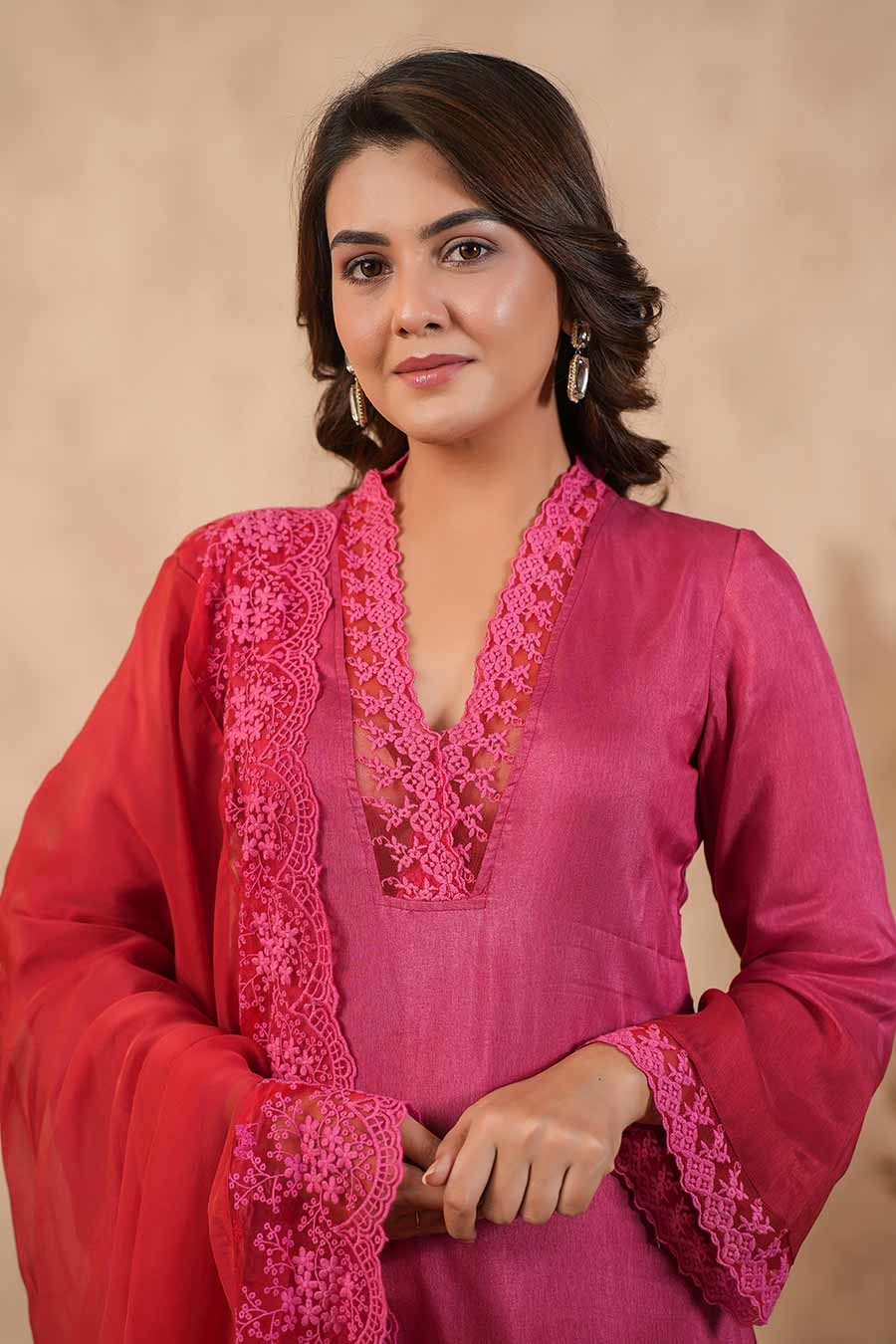 Red Embellished Ombre Kurta Set