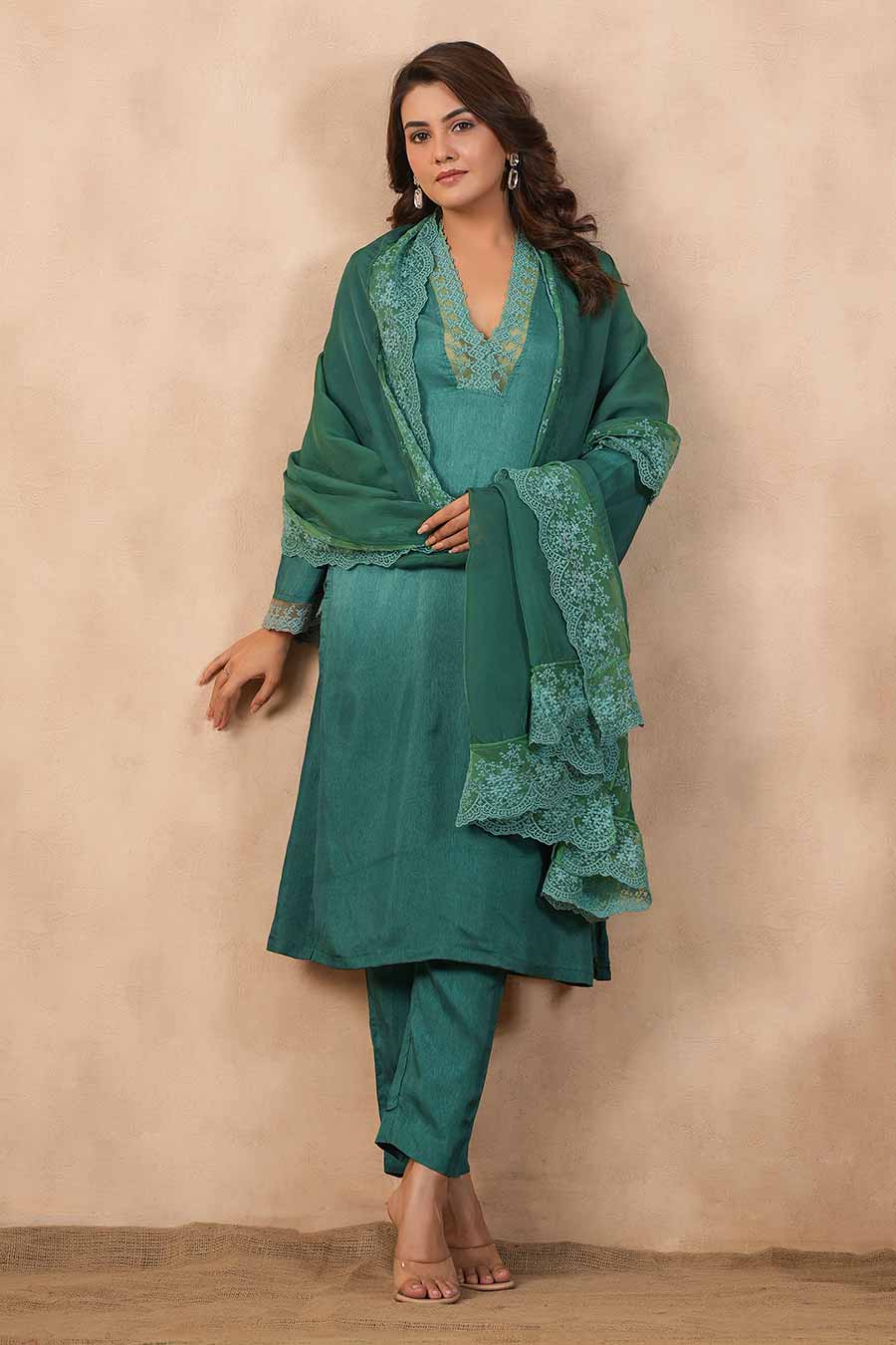 Green Embellished Ombre Kurta Set