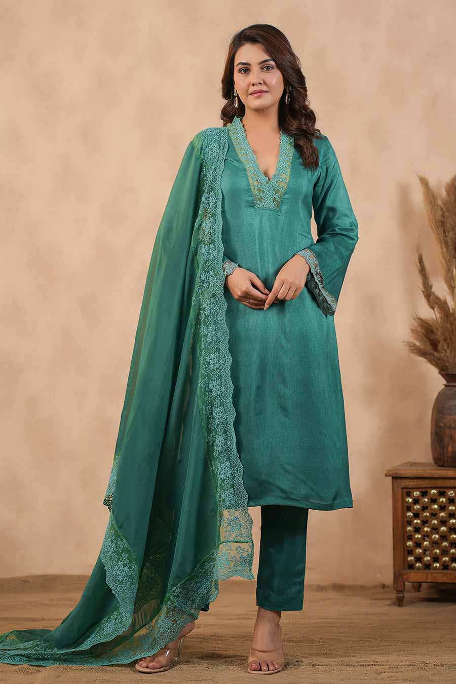 Green Embellished Ombre Kurta Set