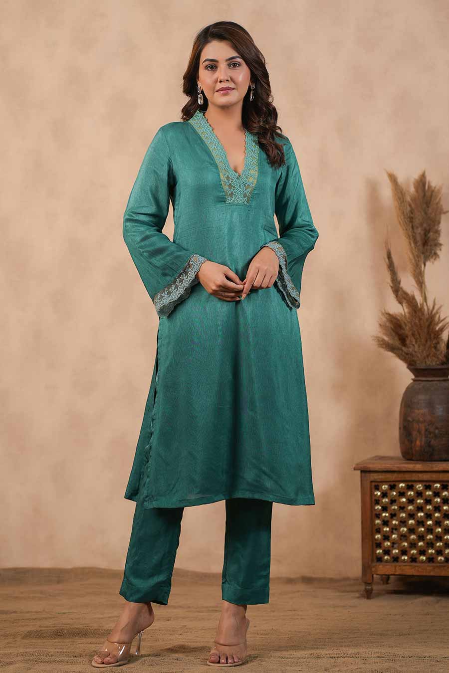 Green Embellished Ombre Kurta Set