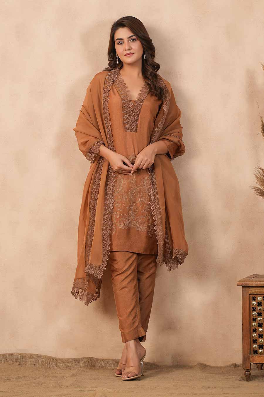 Brown Embroidered Kurta Set