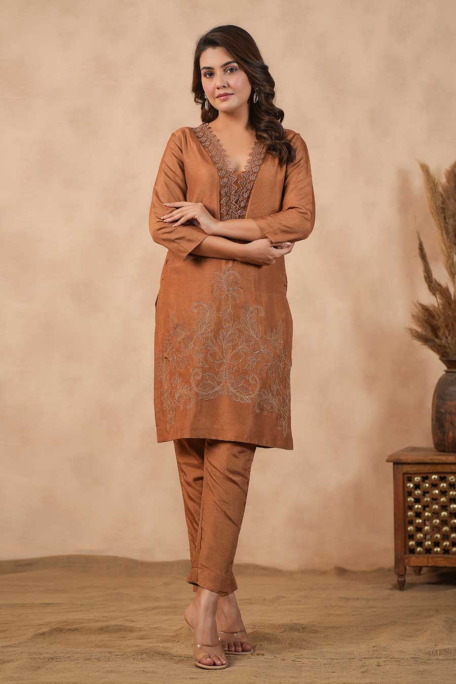 Brown Embroidered Kurta Set