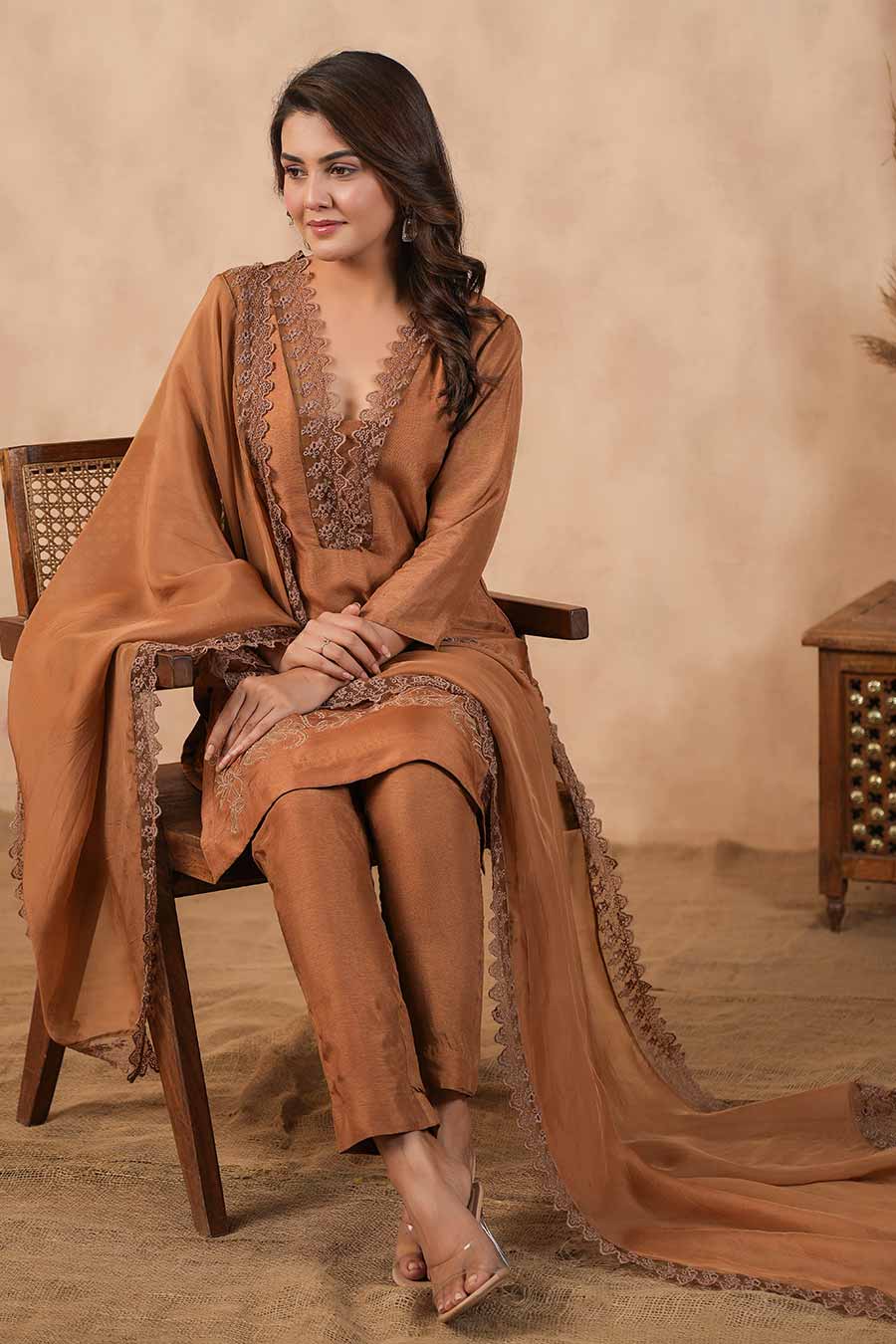 Brown Embroidered Kurta Set