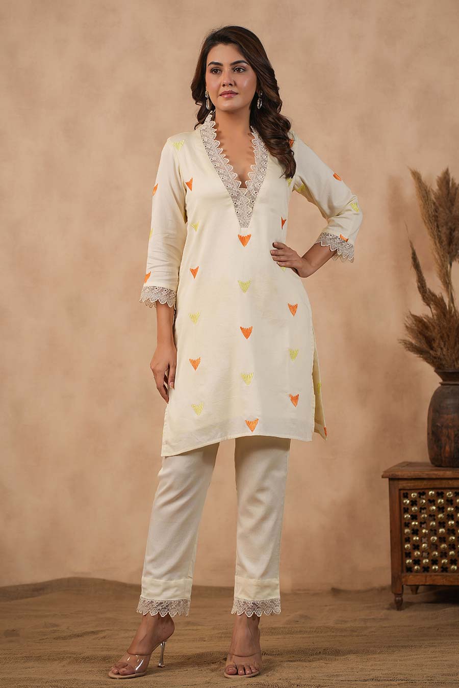 Off-White Embroidered Kurta Set