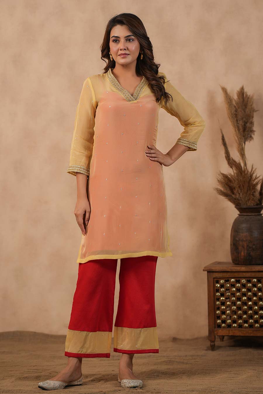 Red Embellished Kurta & Pant Set