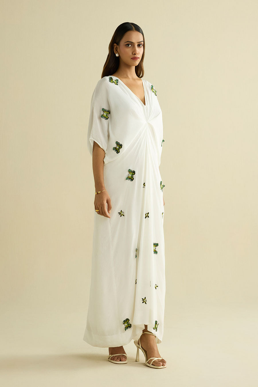 White Hand Embroidered Butterfly Kaftan Dress