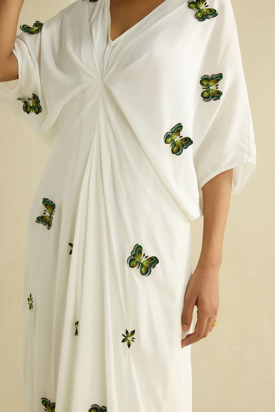 White Hand Embroidered Butterfly Kaftan Dress
