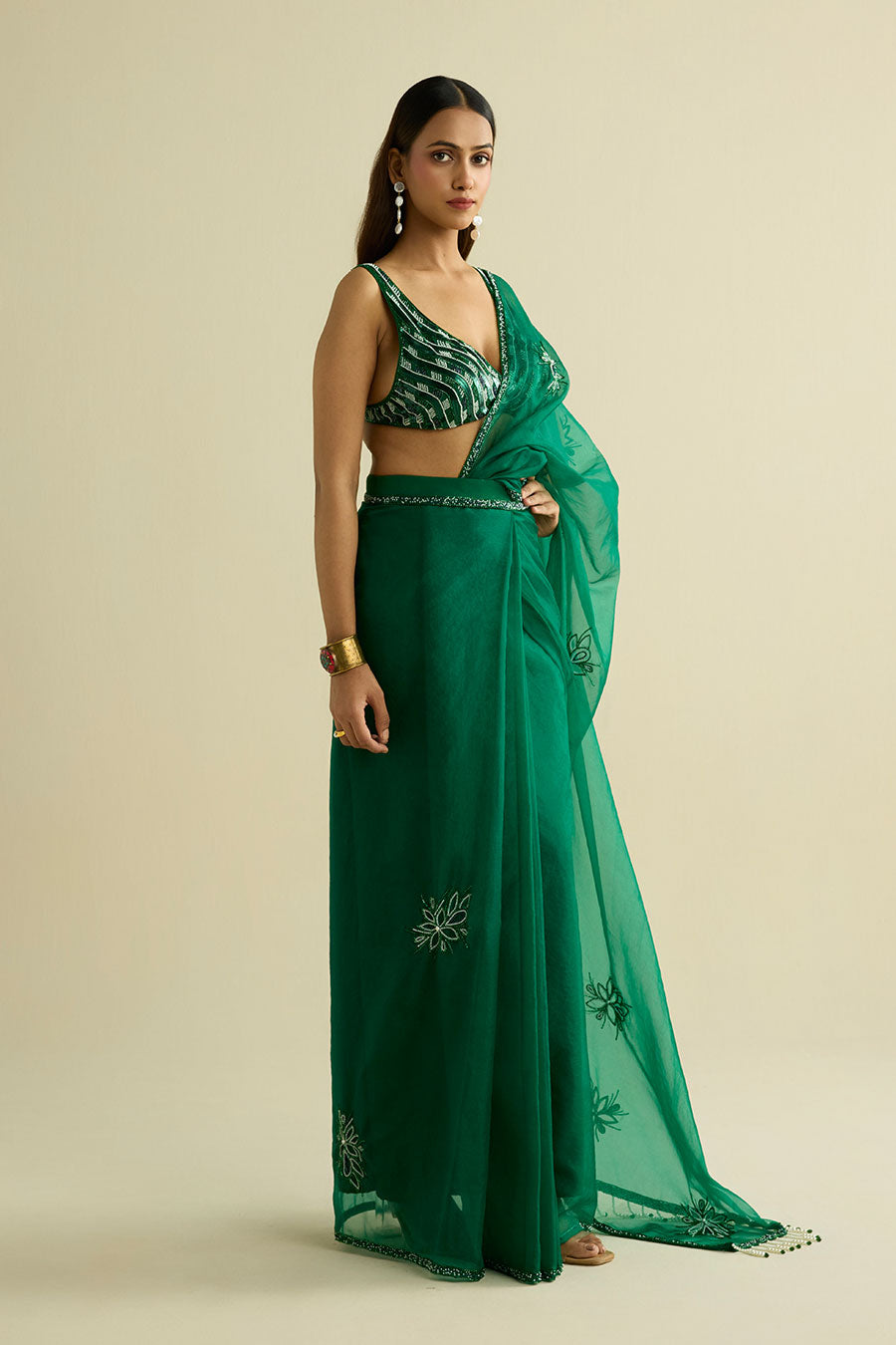 Green Embellished Pre-Draped Saree & Blouse Set