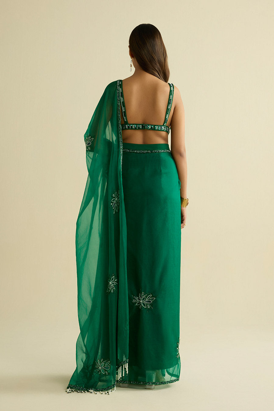Green Embellished Pre-Draped Saree & Blouse Set