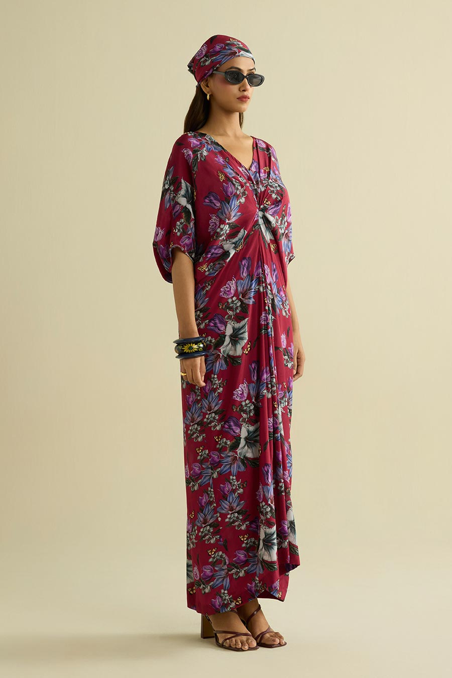 Maroon Printed Embroidered Kaftan Dress