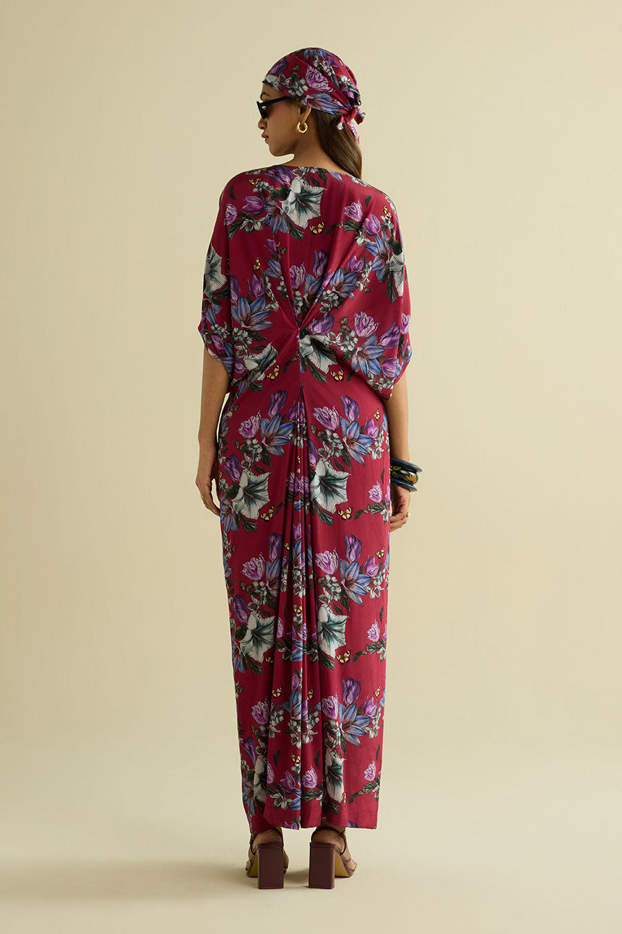 Maroon Printed Embroidered Kaftan Dress