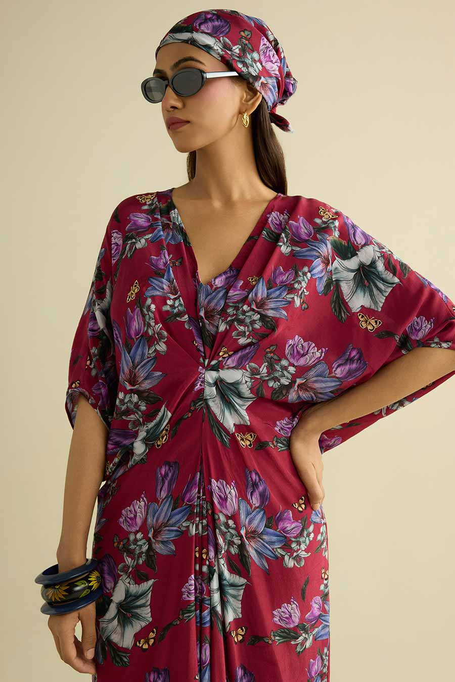 Maroon Printed Embroidered Kaftan Dress