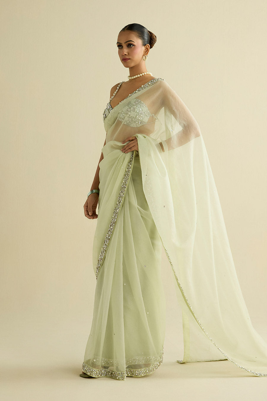 Sage Green Embellished Organza Saree & Blouse Set