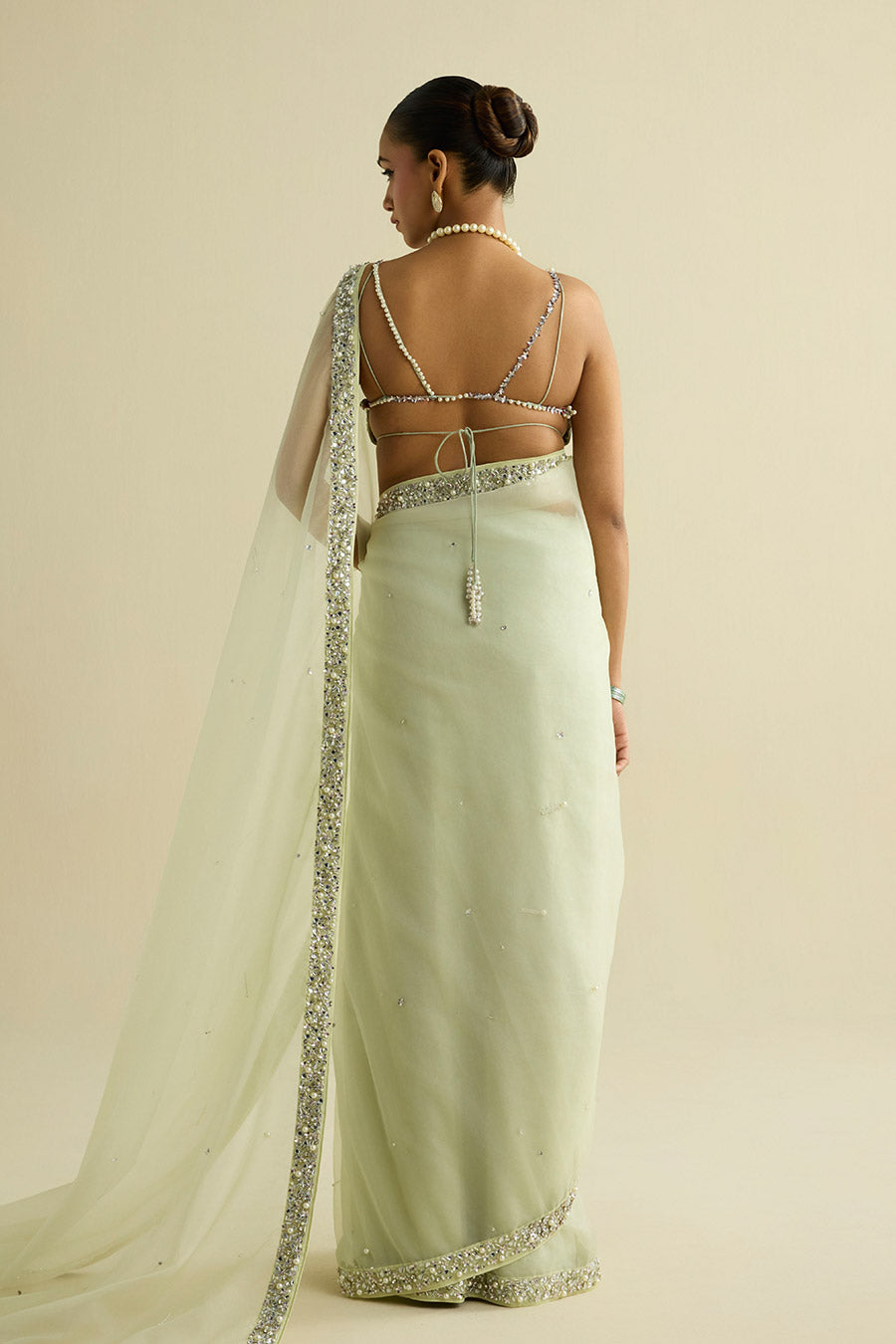 Sage Green Embellished Organza Saree & Blouse Set
