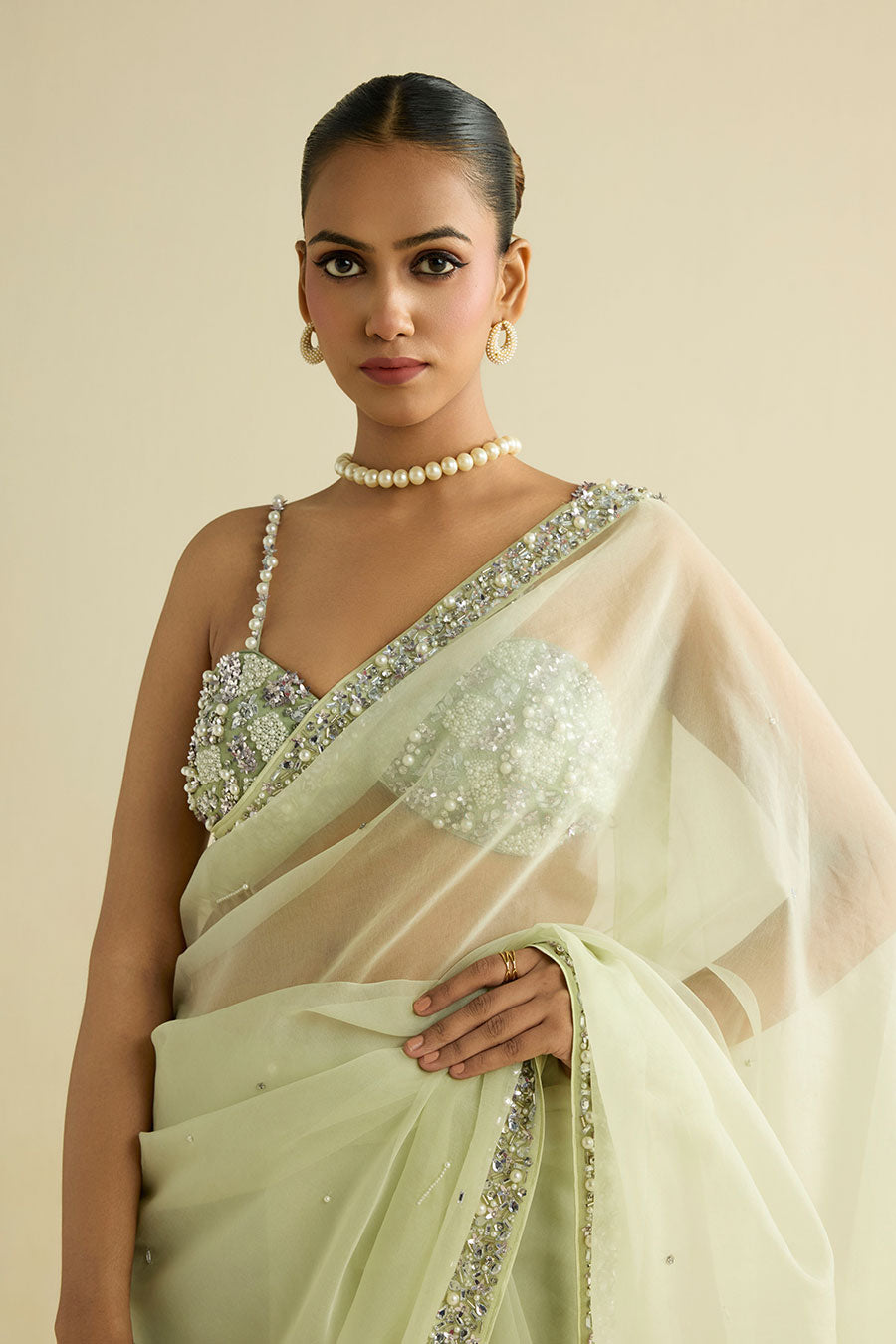 Sage Green Embellished Organza Saree & Blouse Set