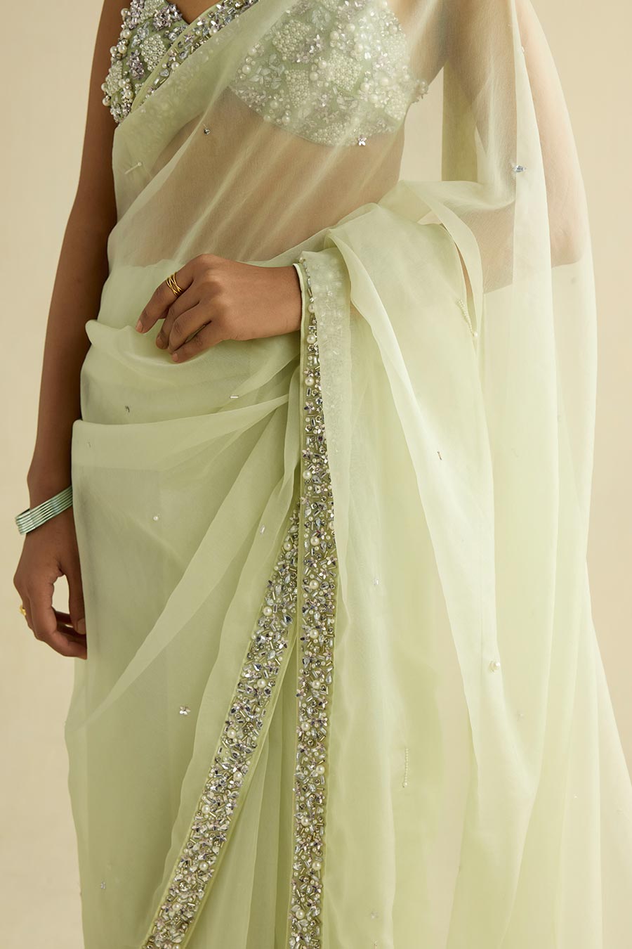Sage Green Embellished Organza Saree & Blouse Set