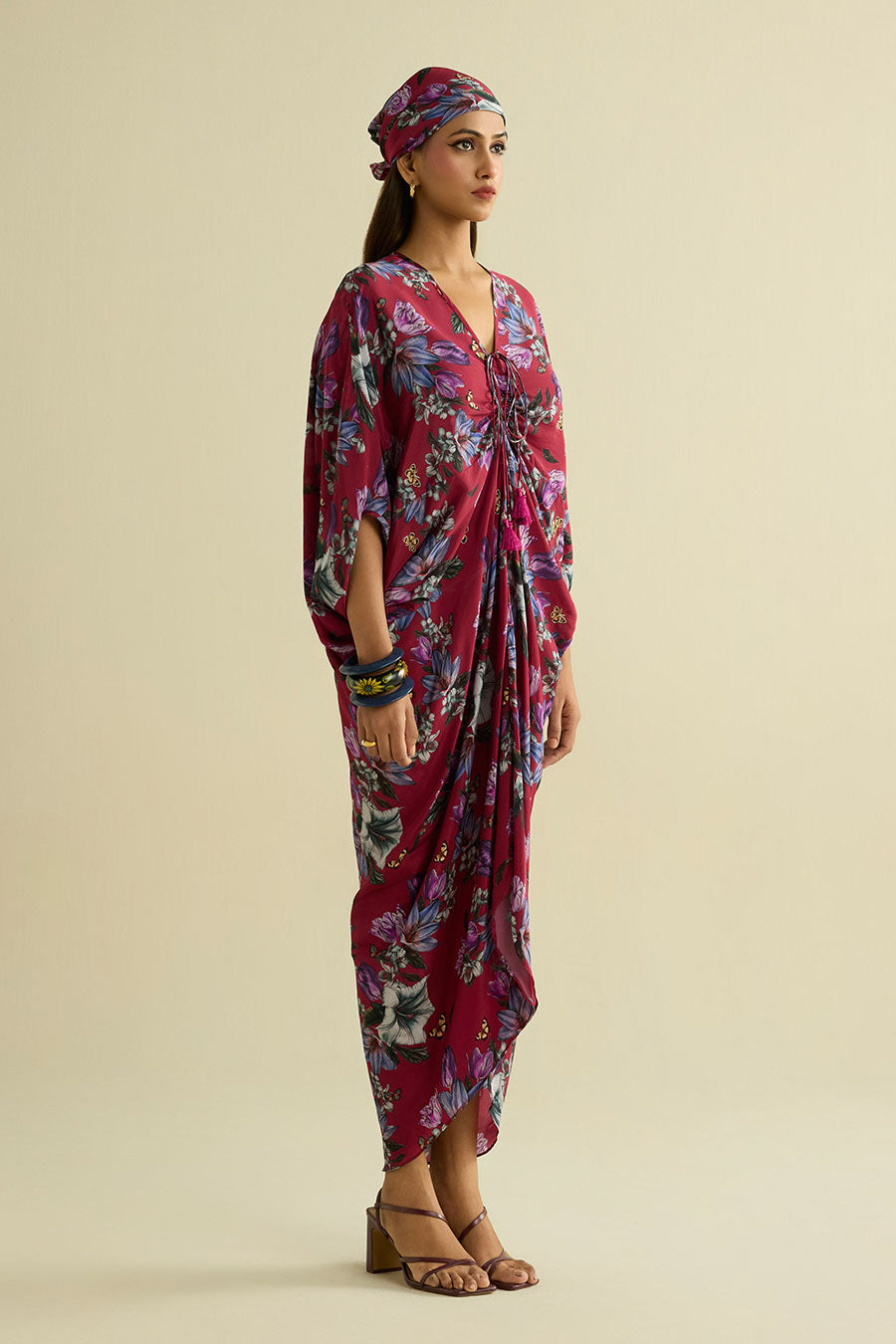 Maroon Embroidered Printed Kaftan Dress