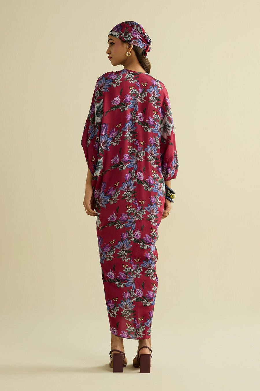 Maroon Embroidered Printed Kaftan Dress
