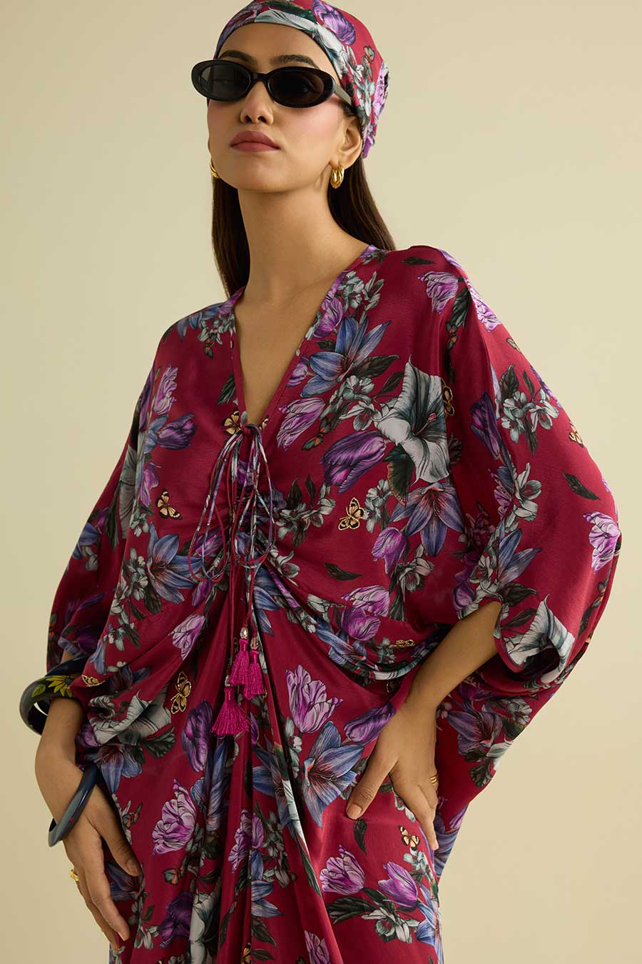 Maroon Embroidered Printed Kaftan Dress